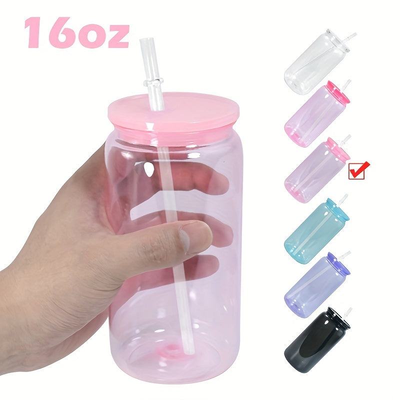 6pcs 16oz Clear Jelly Colored Plastic Can Cups with Lids and Straws
