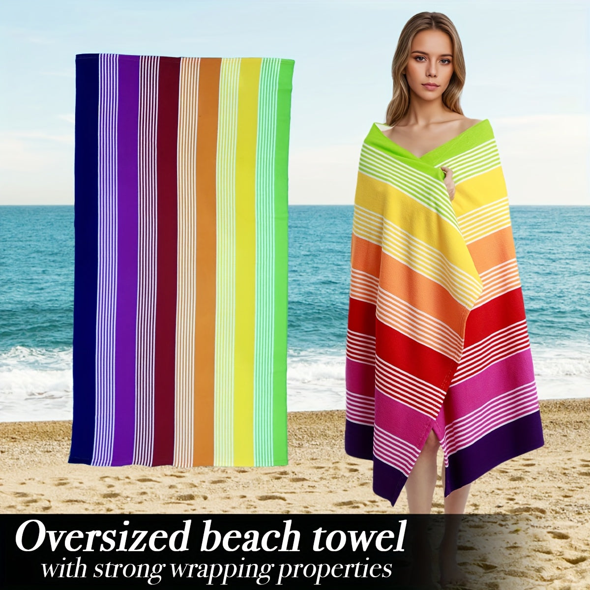 Super Soft Extra Large Rainbow Striped Beach Towel - Vibrant Rainbow Colors