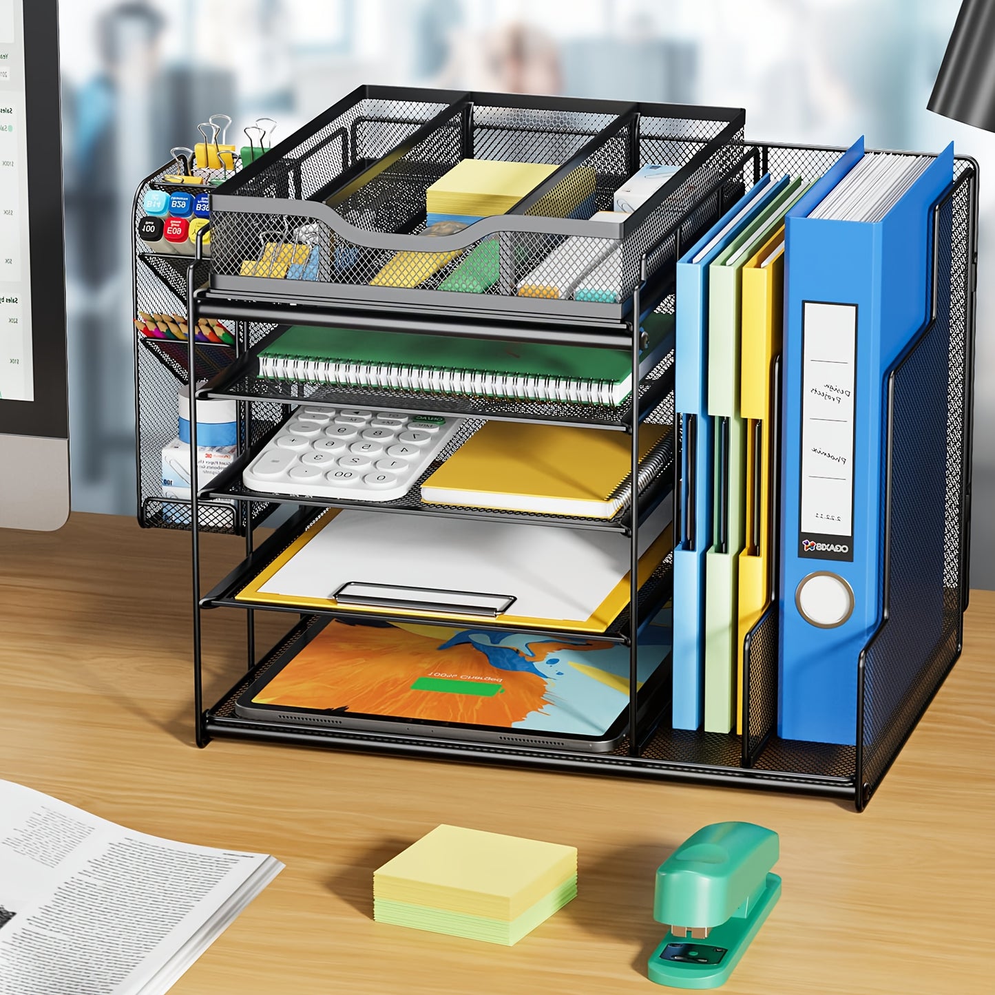 5-Tier Metal Mesh Desk Organizer with Large Vertical File Holder