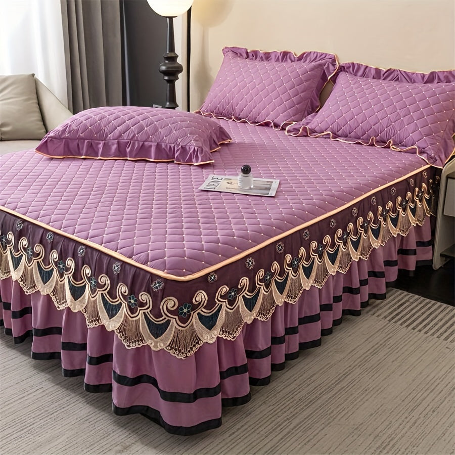 3pcs Bed Skirt Set Solid Color Quilted Thickened Lace Decoration