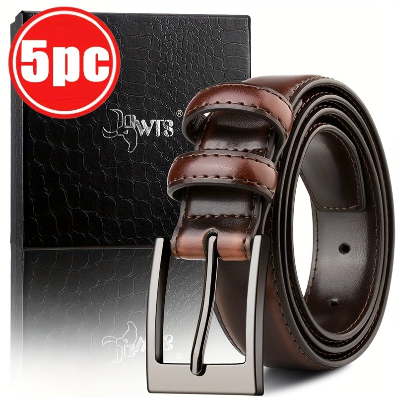 5pcs Men's Genuine Leather Belts with Metallic Buckles