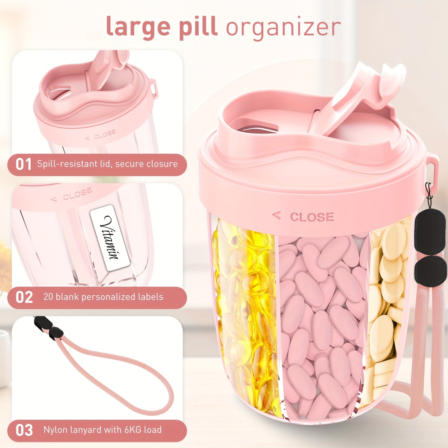 Large Pill Bottle Organizer, Supplement Organizer for Holding 6 Various Vitamins