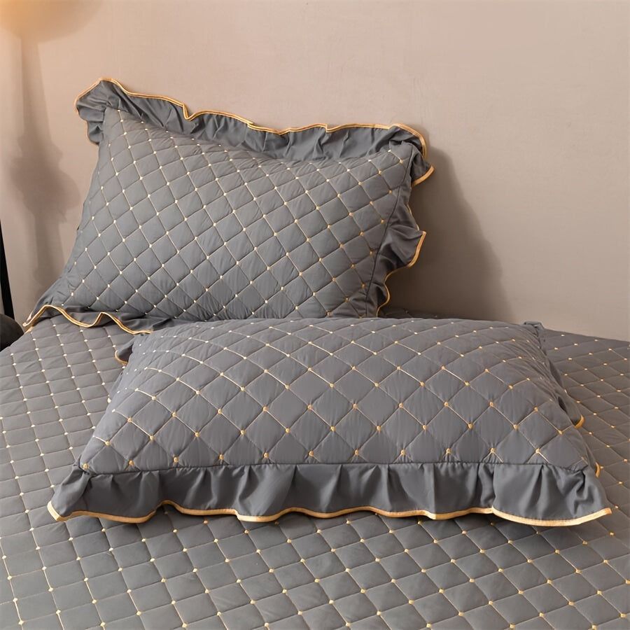 3pcs Bed Skirt Set Solid Color Quilted Thickened Lace Decoration
