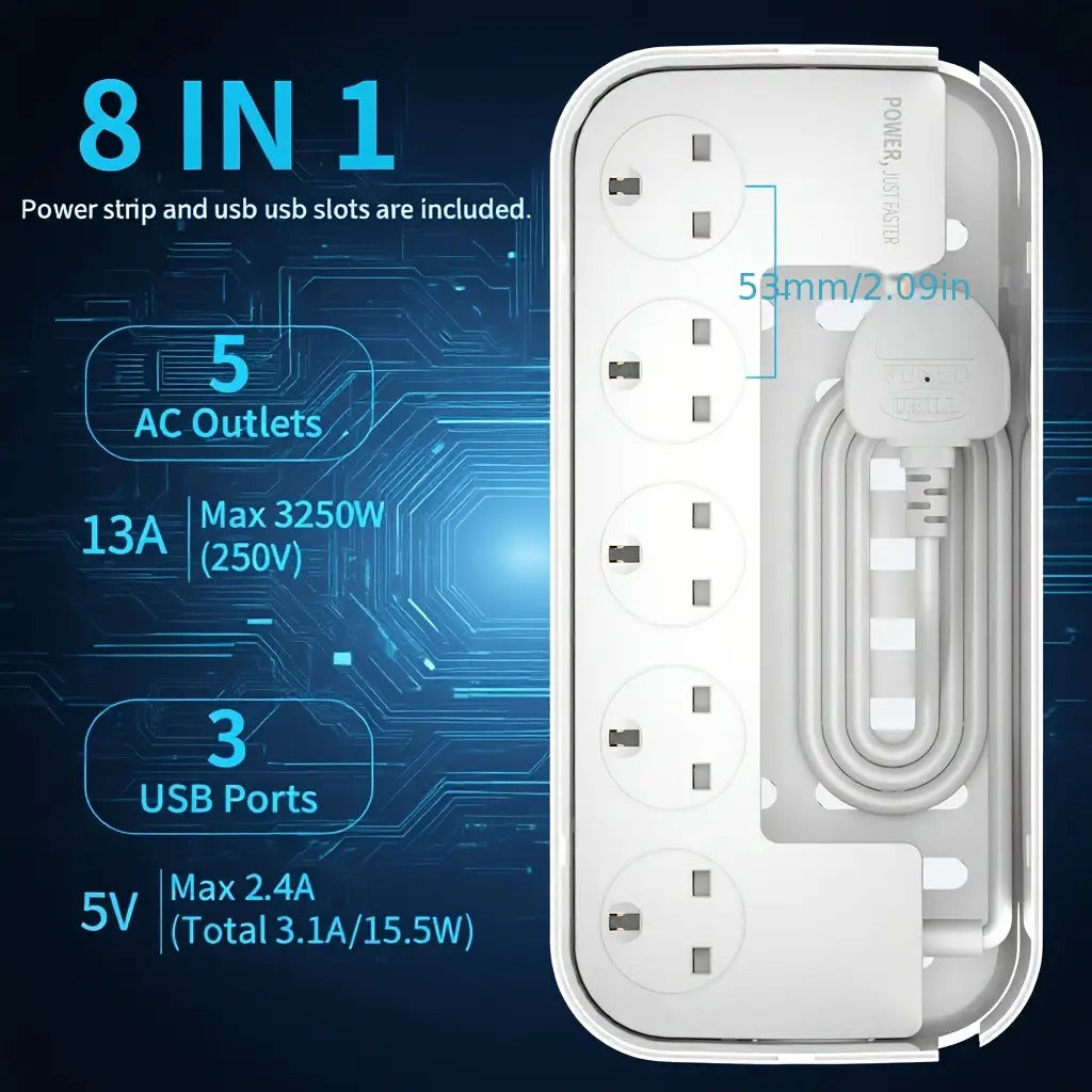 UK Plug Power Strip with 5 Outlet sockets & 3 USB Ports