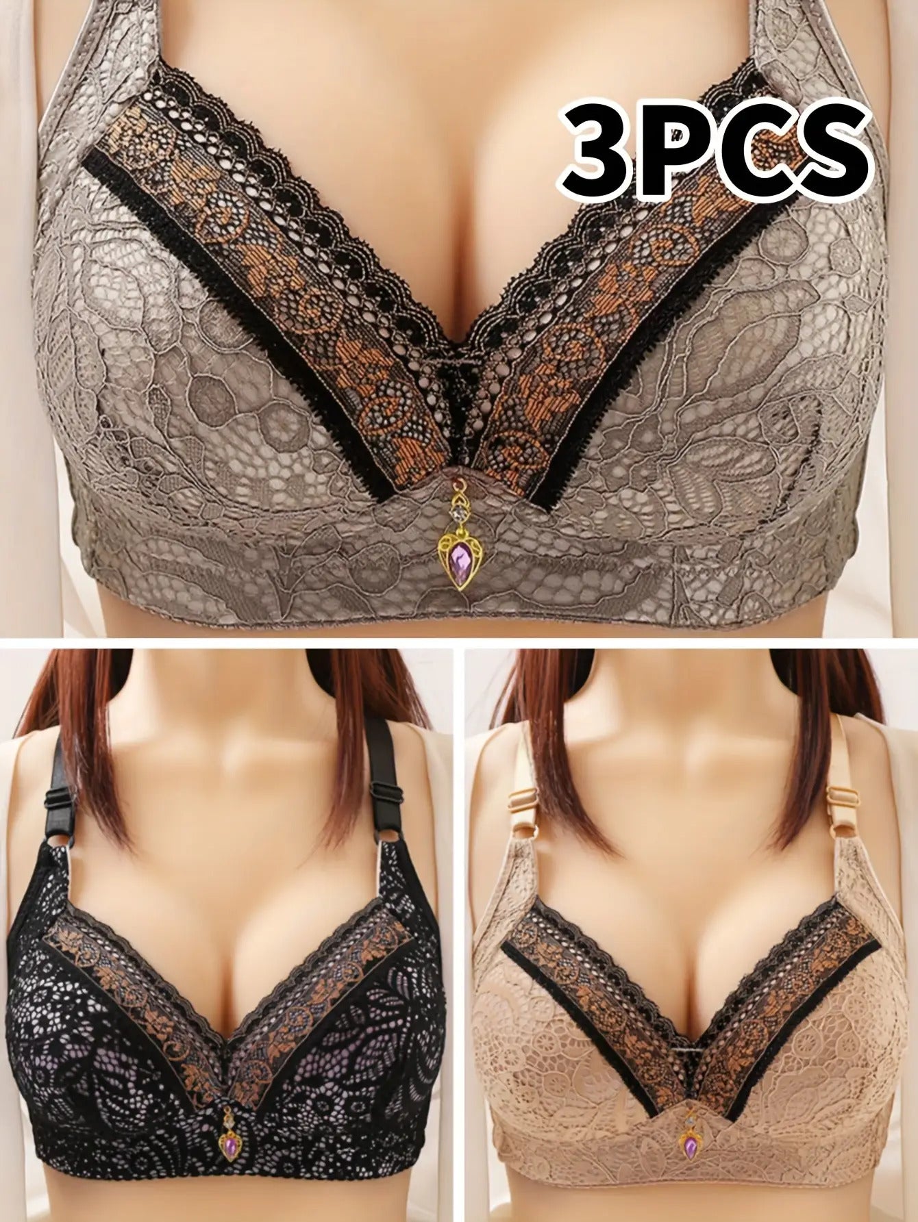 3pcs Elegant Lace Push-Up Bras