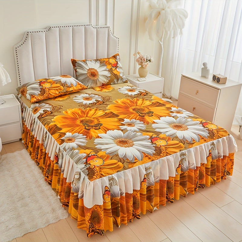3pcs Printed Bed Skirt Set (Bed Skirt *1 + Pillowcase *2)