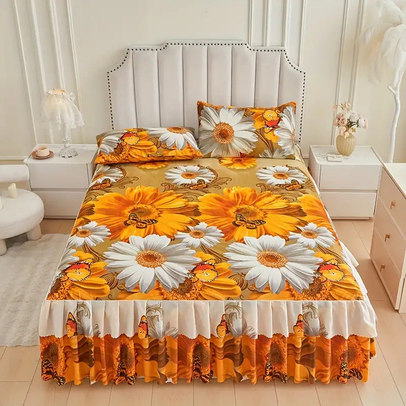 3pcs Printed Bed Skirt Set (Bed Skirt *1 + Pillowcase *2)