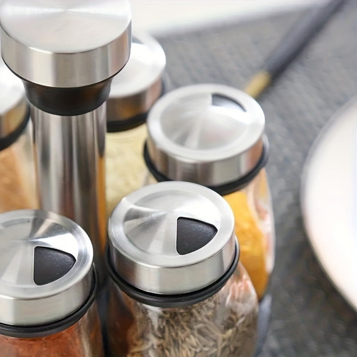 360° Rotating Spice Rack Tower Set, Equipped with 6 Glass Refill Containers