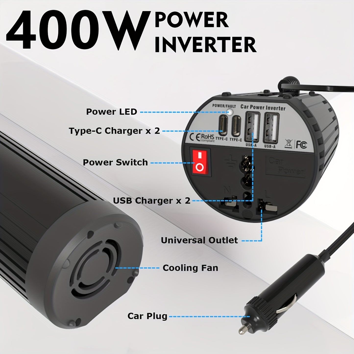 400W Vehicle Power Inverter Converting DC 12V to AC 220V