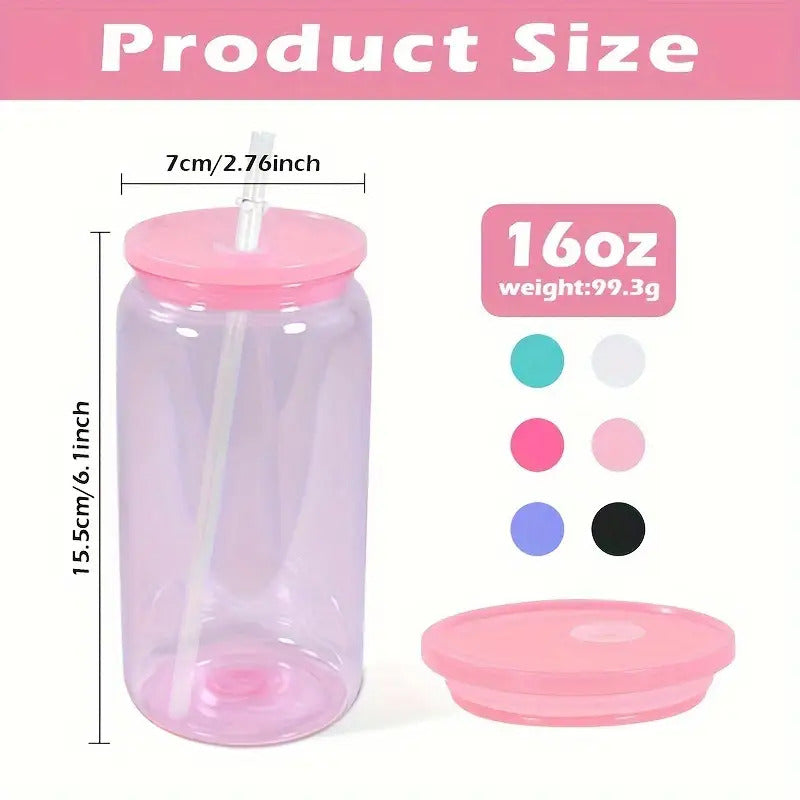 6pcs 16oz Clear Jelly Colored Plastic Can Cups with Lids and Straws