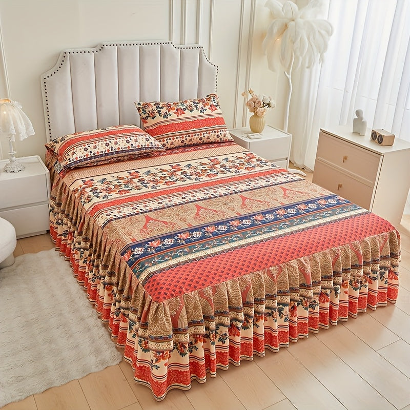 3pcs Printed Bed Skirt Set (Bed Skirt *1 + Pillowcase *2)