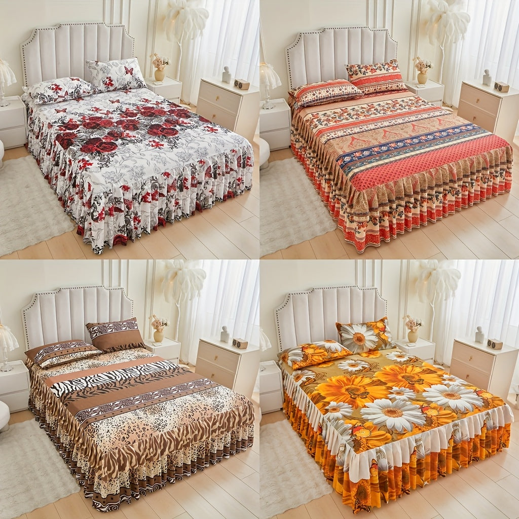 3pcs Printed Bed Skirt Set (Bed Skirt *1 + Pillowcase *2)