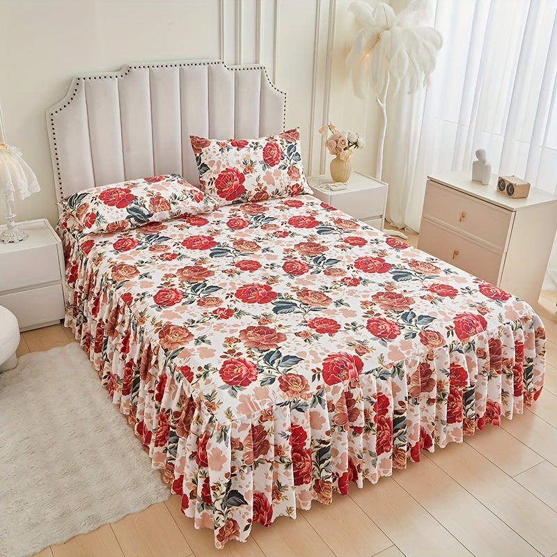 3pcs Printed Bed Skirt Set (Bed Skirt *1 + Pillowcase *2)