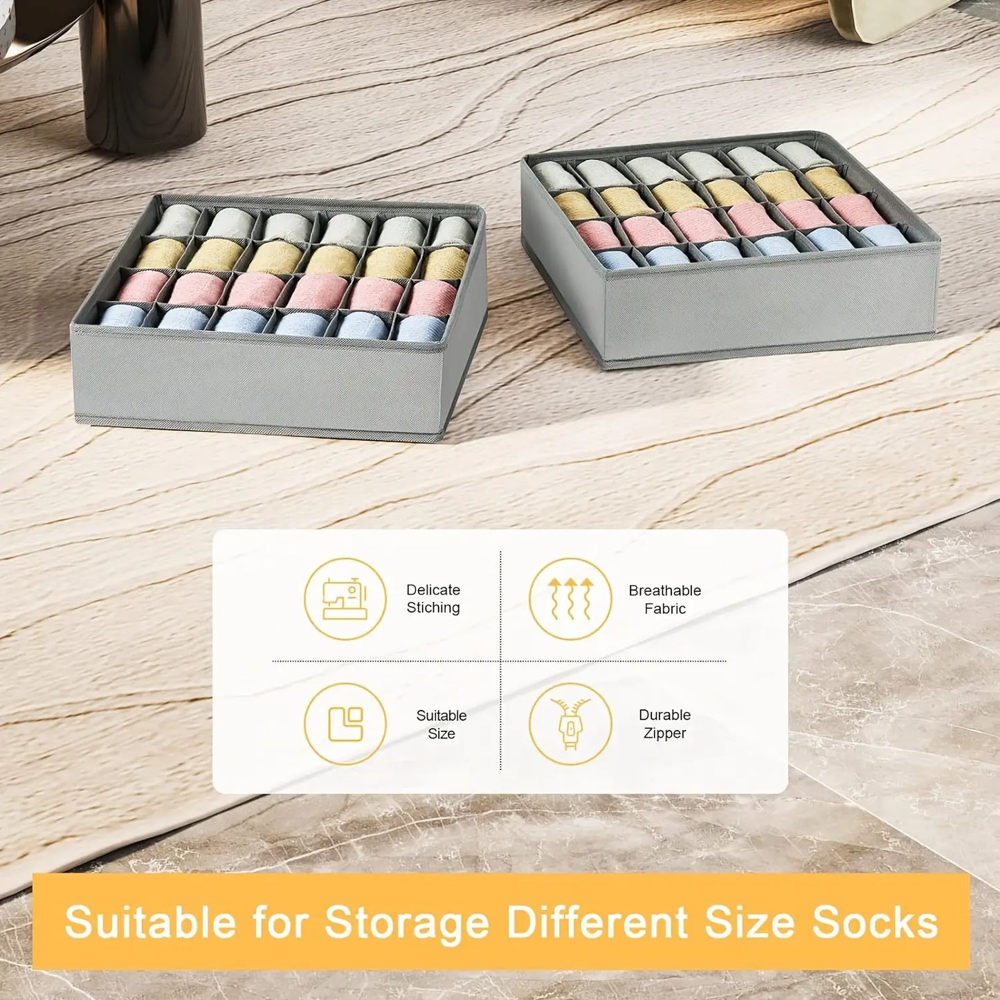 3 Pack 24-Compartment Fabric Socks & Underwear Organizers