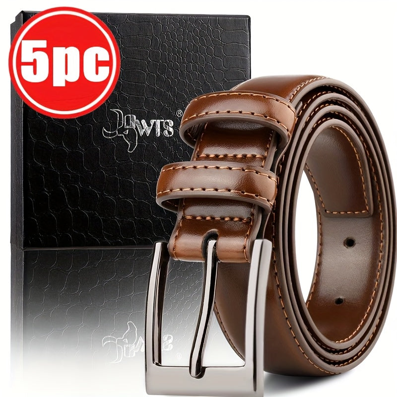 5pcs Men's Genuine Leather Belts with Metallic Buckles