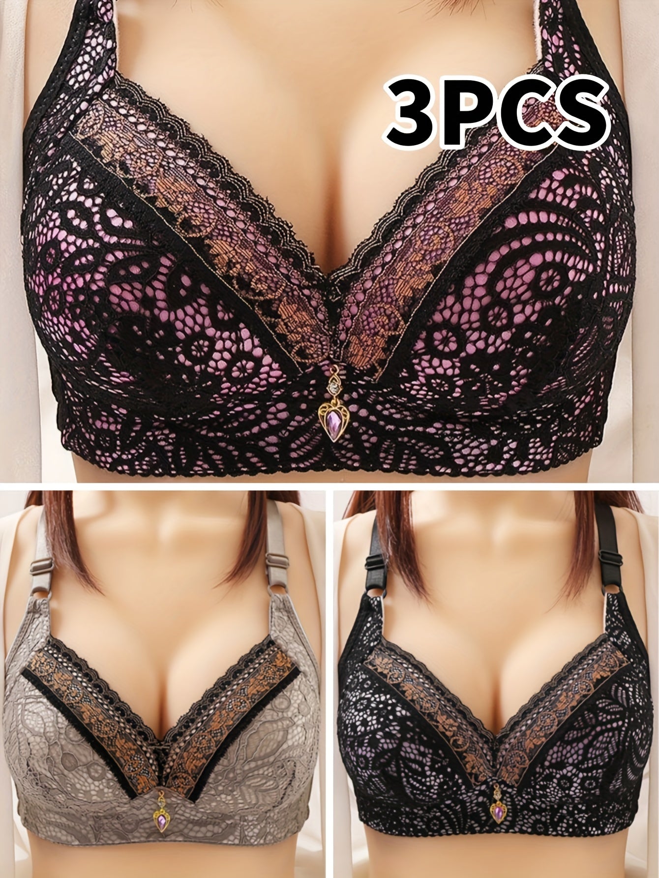 3pcs Elegant Lace Push-Up Bras