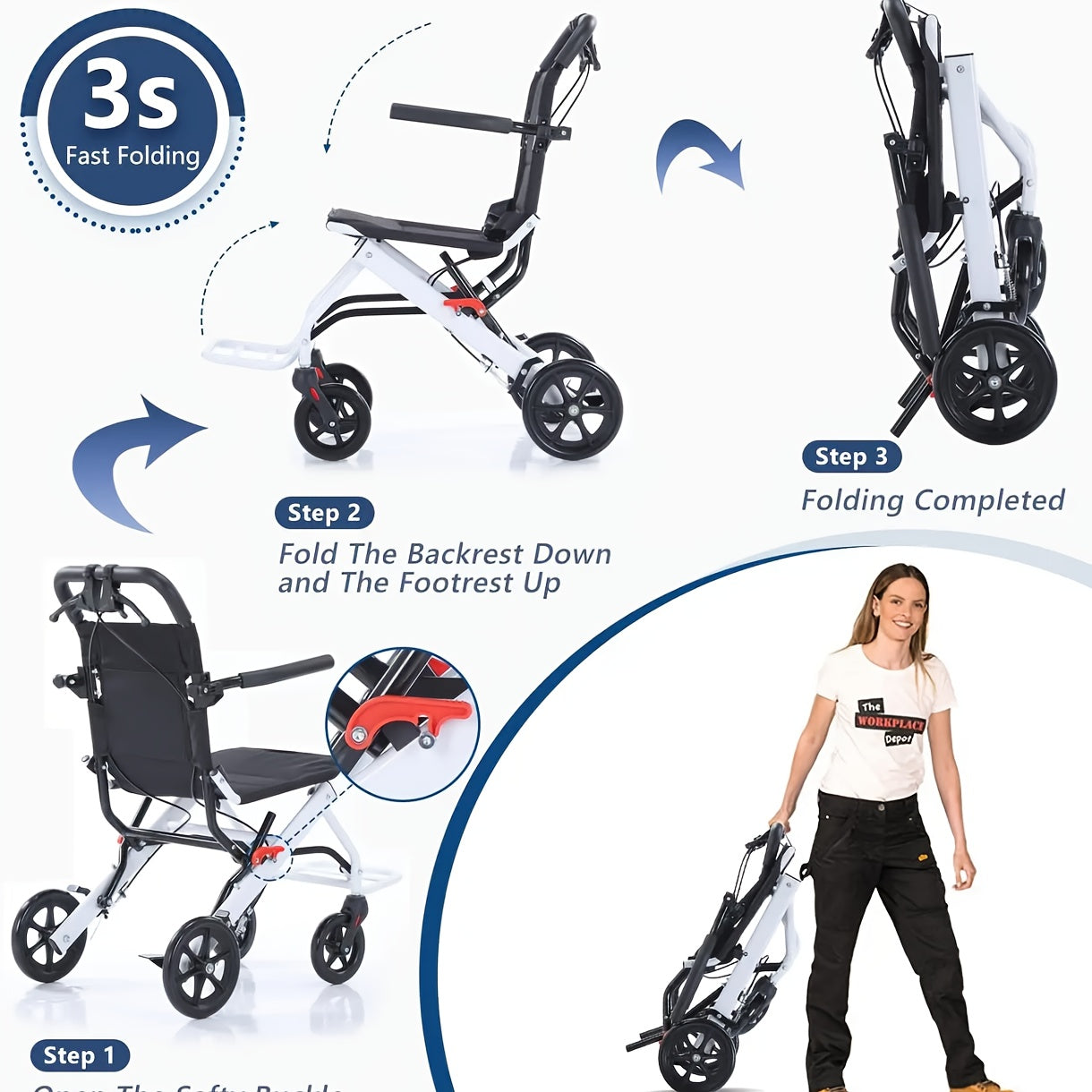 Ultra-Light Folding Wheelchair - Portable Travel Walker with Hand Brakes
