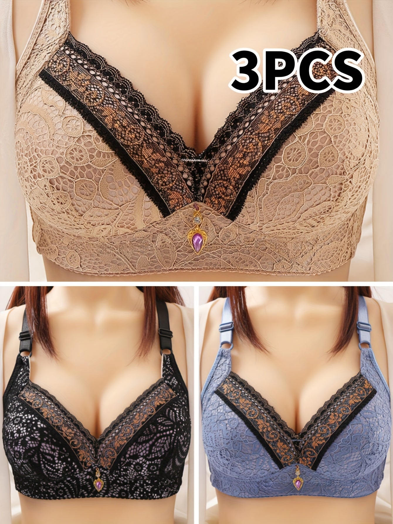 3pcs Elegant Lace Push-Up Bras