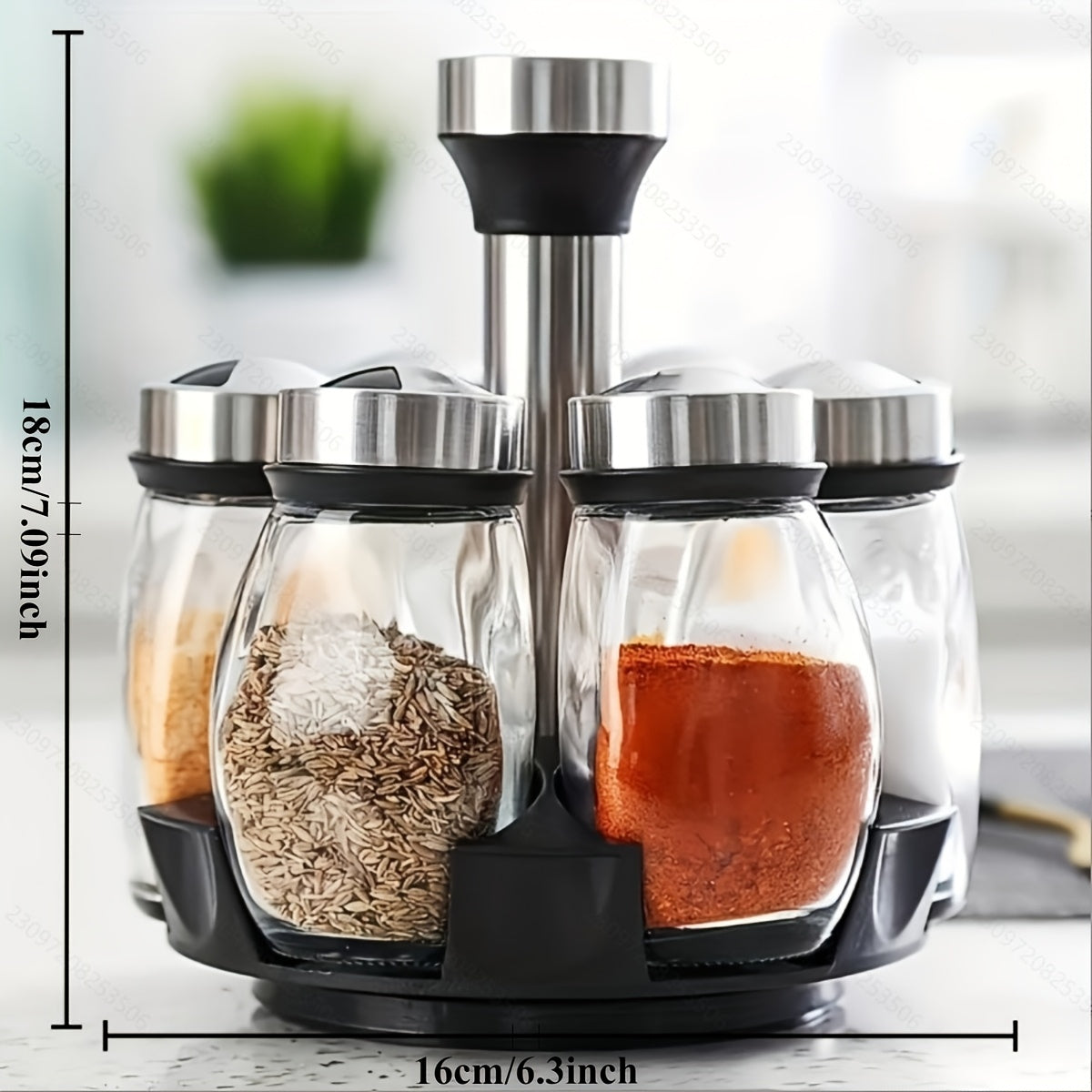 360° Rotating Spice Rack Tower Set, Equipped with 6 Glass Refill Containers