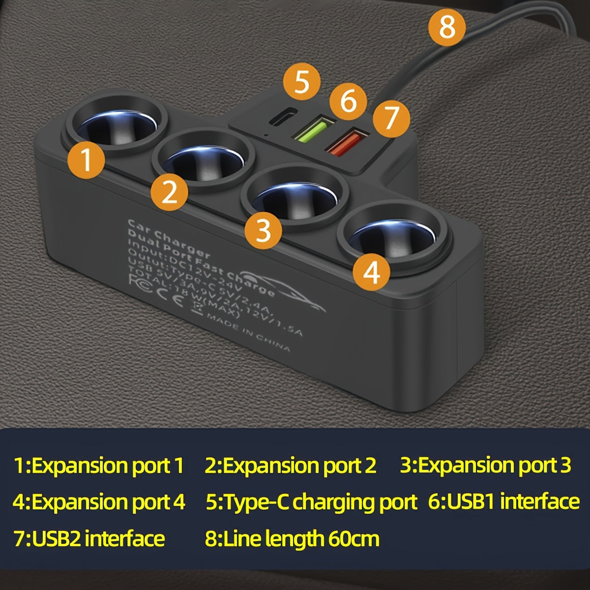 4-Port Car Charger with USB-A & USB-C Fast Charging Ports