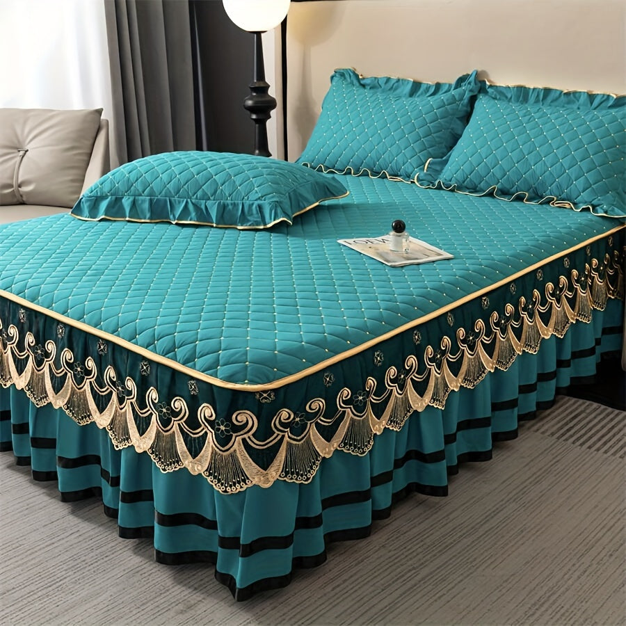 3pcs Bed Skirt Set Solid Color Quilted Thickened Lace Decoration