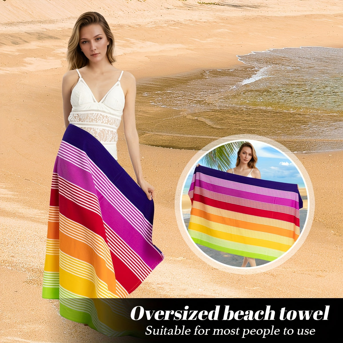 Super Soft Extra Large Rainbow Striped Beach Towel - Vibrant Rainbow Colors