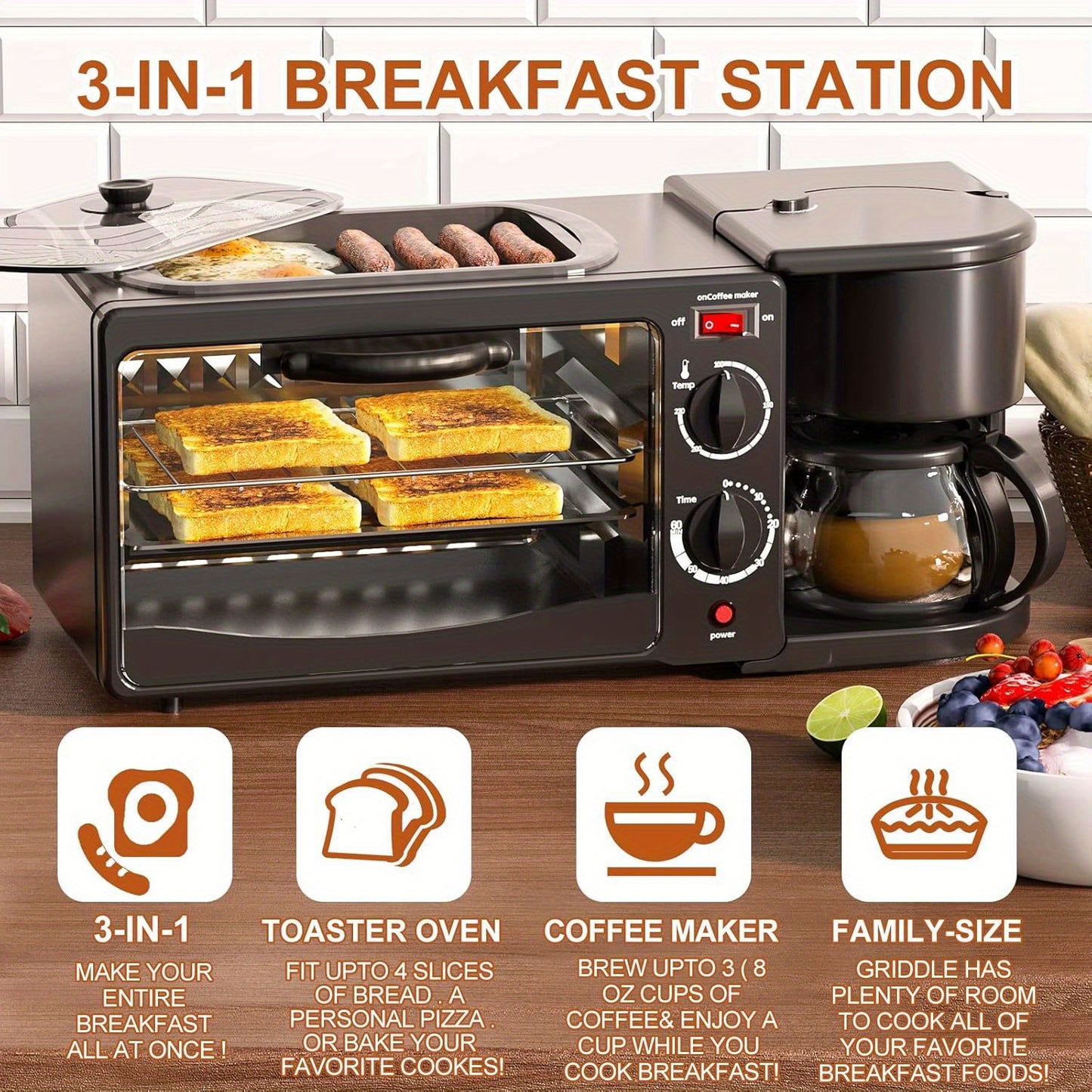 3-in-1 Breakfast Station, Toaster with Frying Pan