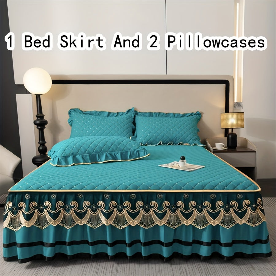 3pcs Bed Skirt Set Solid Color Quilted Thickened Lace Decoration