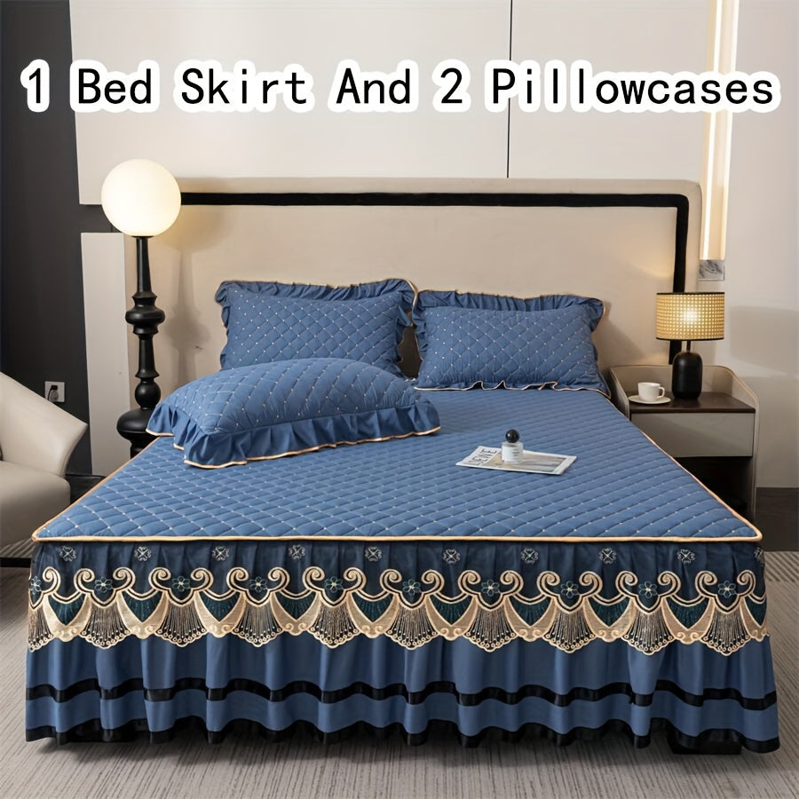 3pcs Bed Skirt Set Solid Color Quilted Thickened Lace Decoration