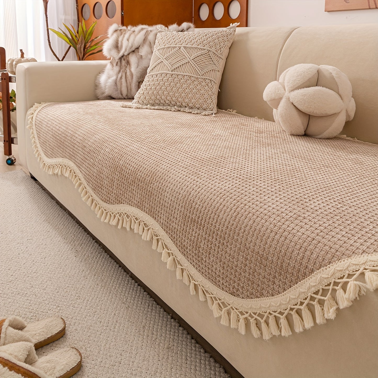 Classic Style Chenille Sofa Cover with Tassels