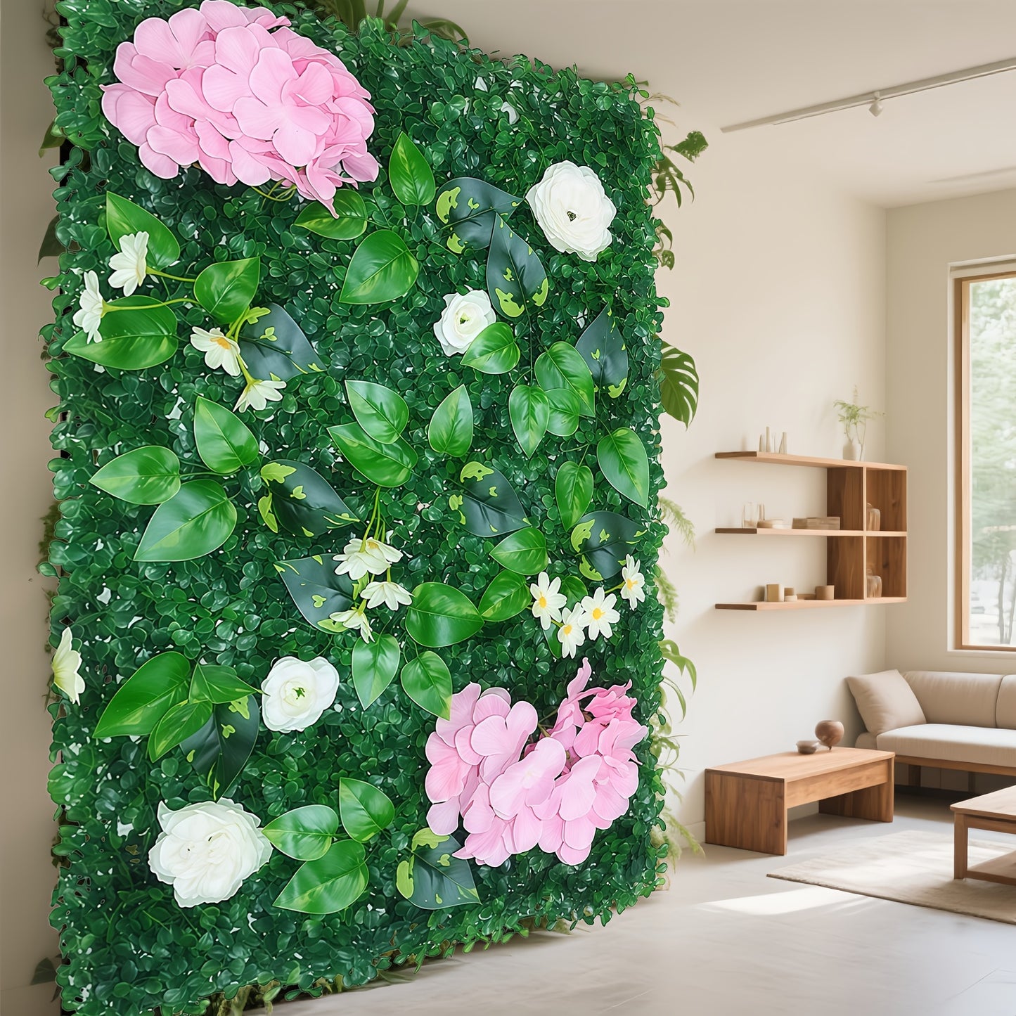 Artificial Rose & Fern Wall Panel - Realistic Plastic Greenery