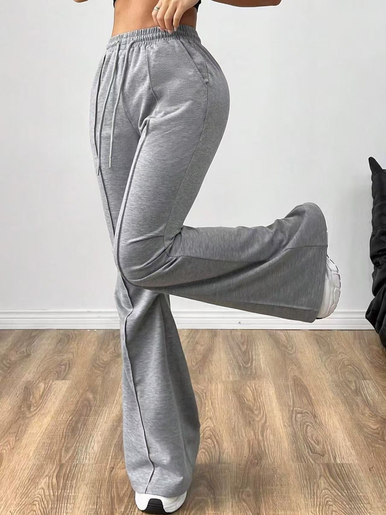 Solid Color Casual Pants, High Waist Drawstring Flare Pants for Women