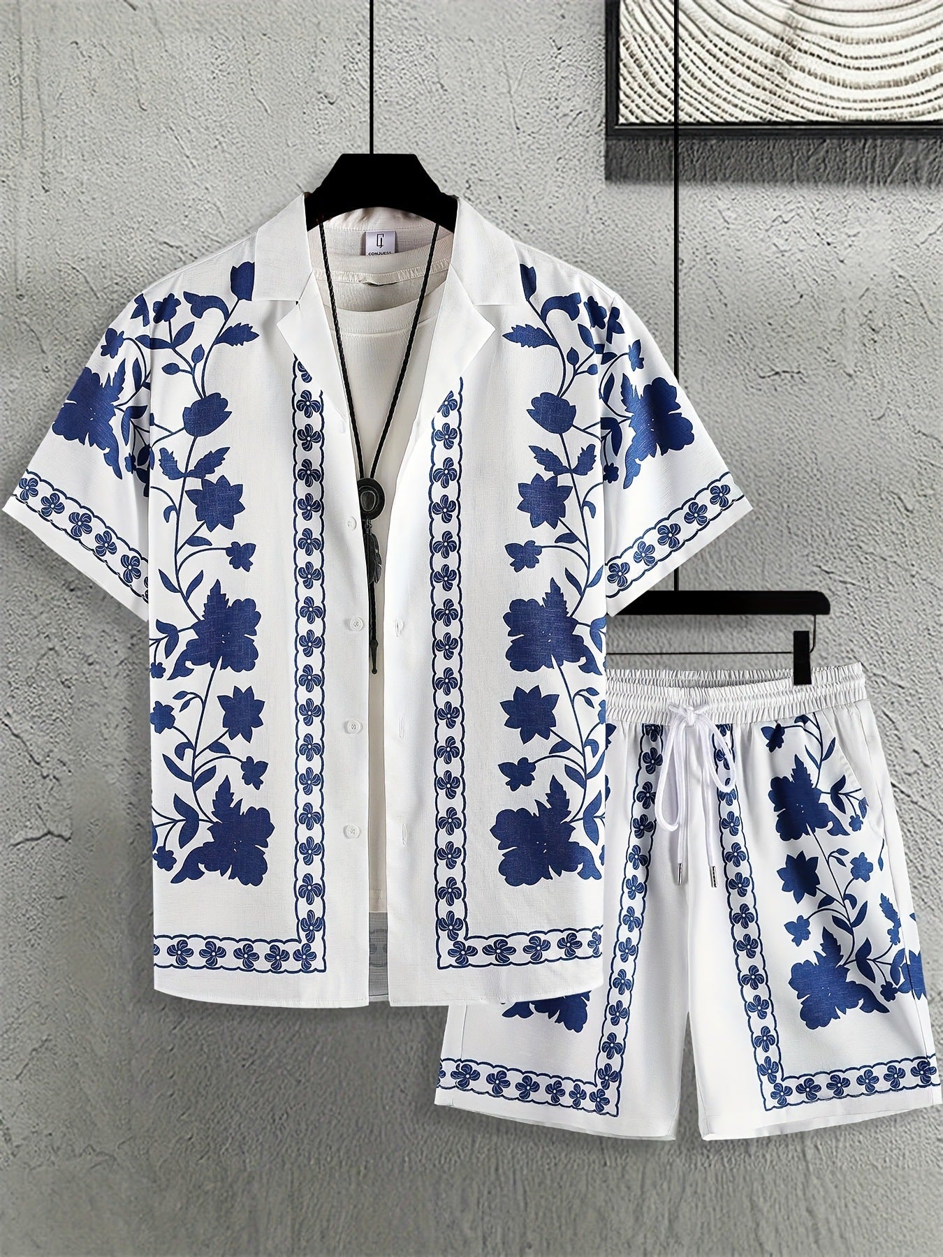 Summer Men's Cuban Collar Shirt Short Sleeve Shorts Set
