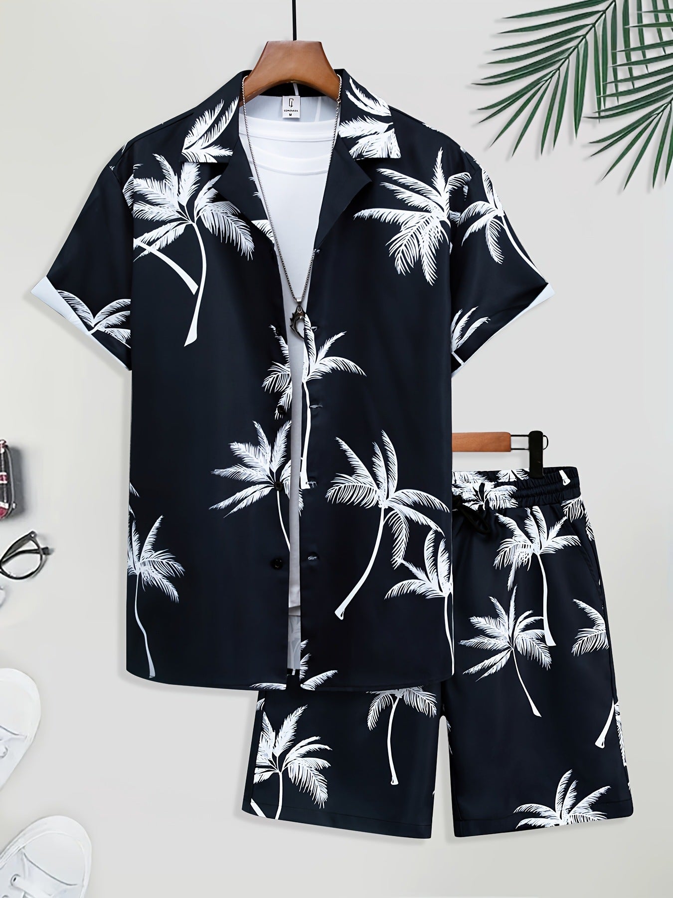Summer Men's Cuban Collar Shirt Short Sleeve Shorts Set