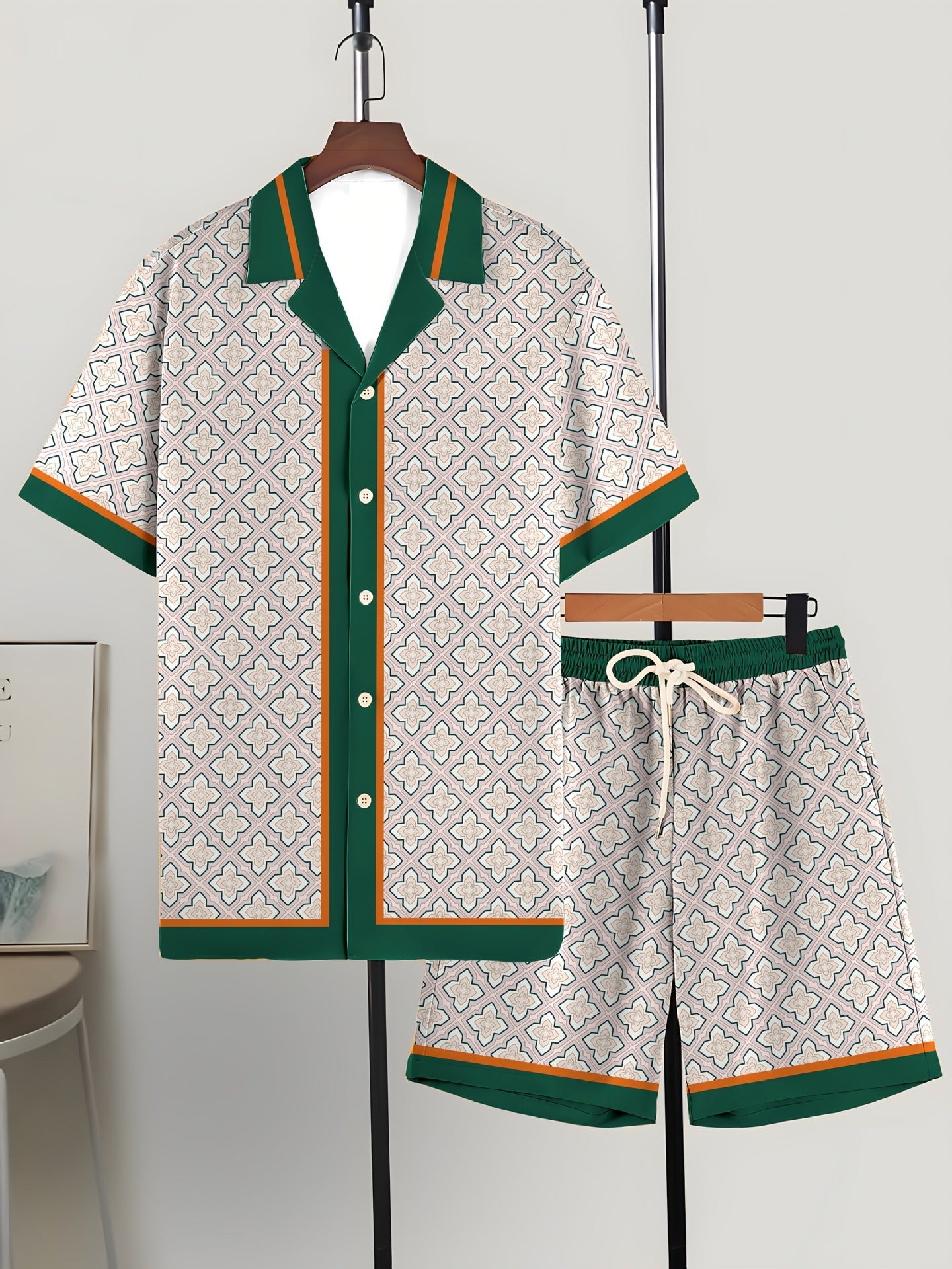 Summer Men's Cuban Collar Shirt Short Sleeve Shorts Set