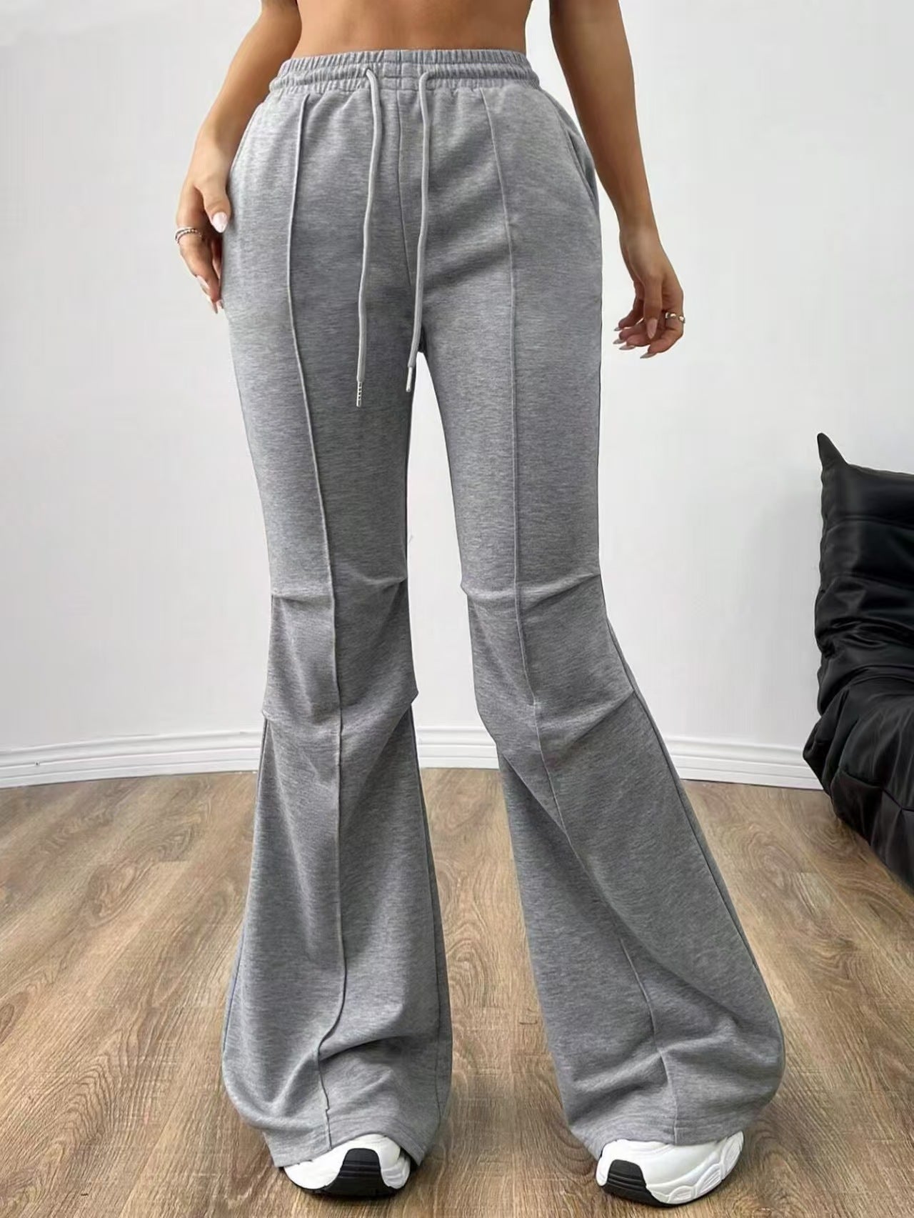 Solid Color Casual Pants, High Waist Drawstring Flare Pants for Women