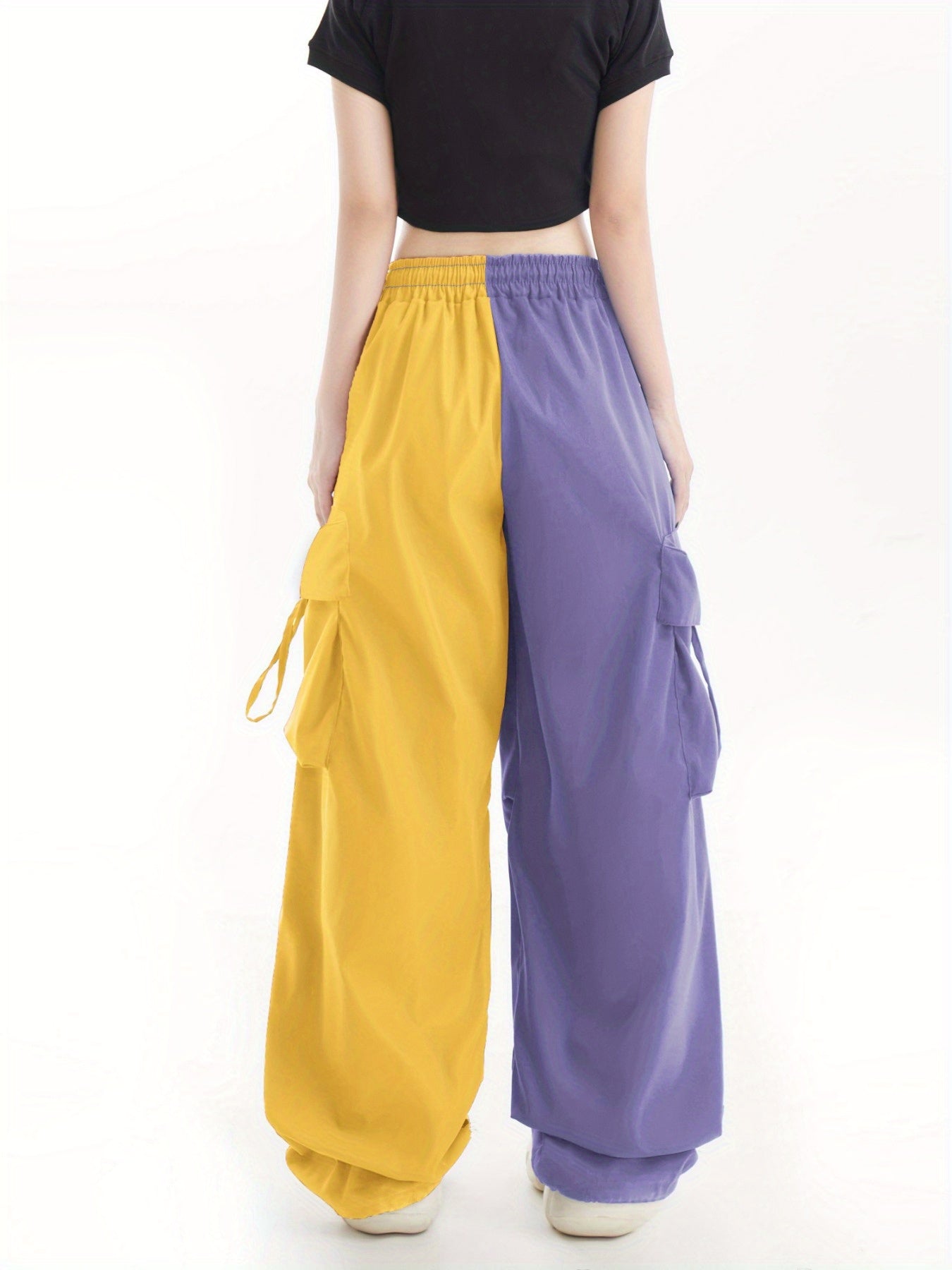 Women's High-Street Casual Cargo Pants - Two-Tone Color Block