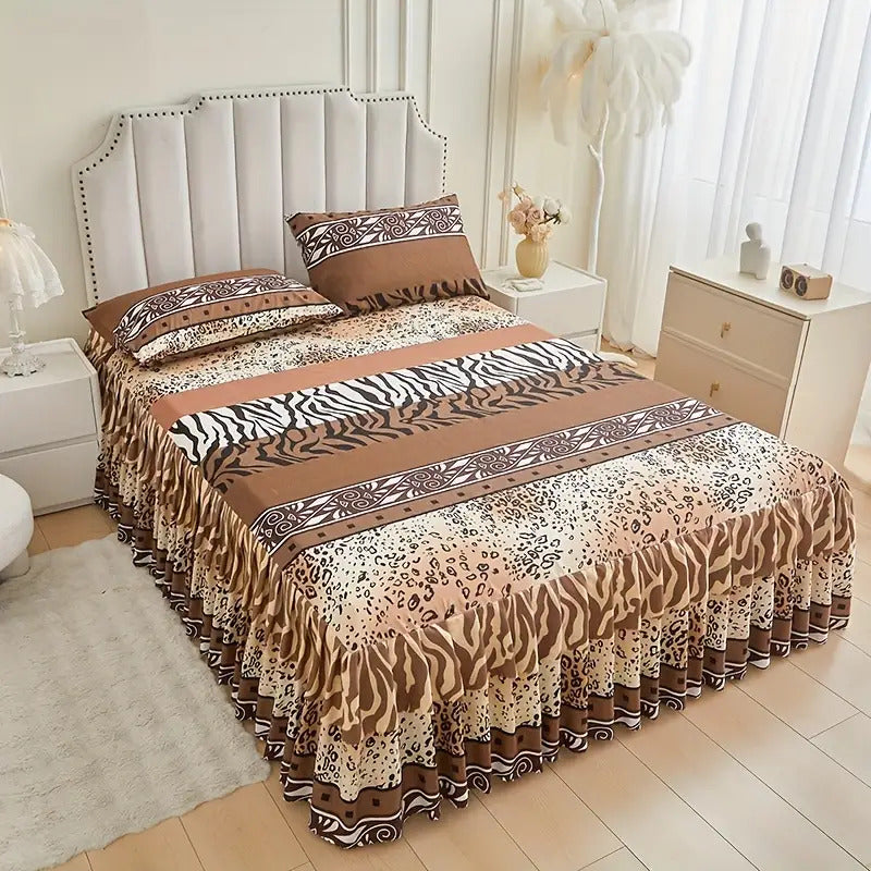 3pcs Printed Bed Skirt Set (Bed Skirt *1 + Pillowcase *2)