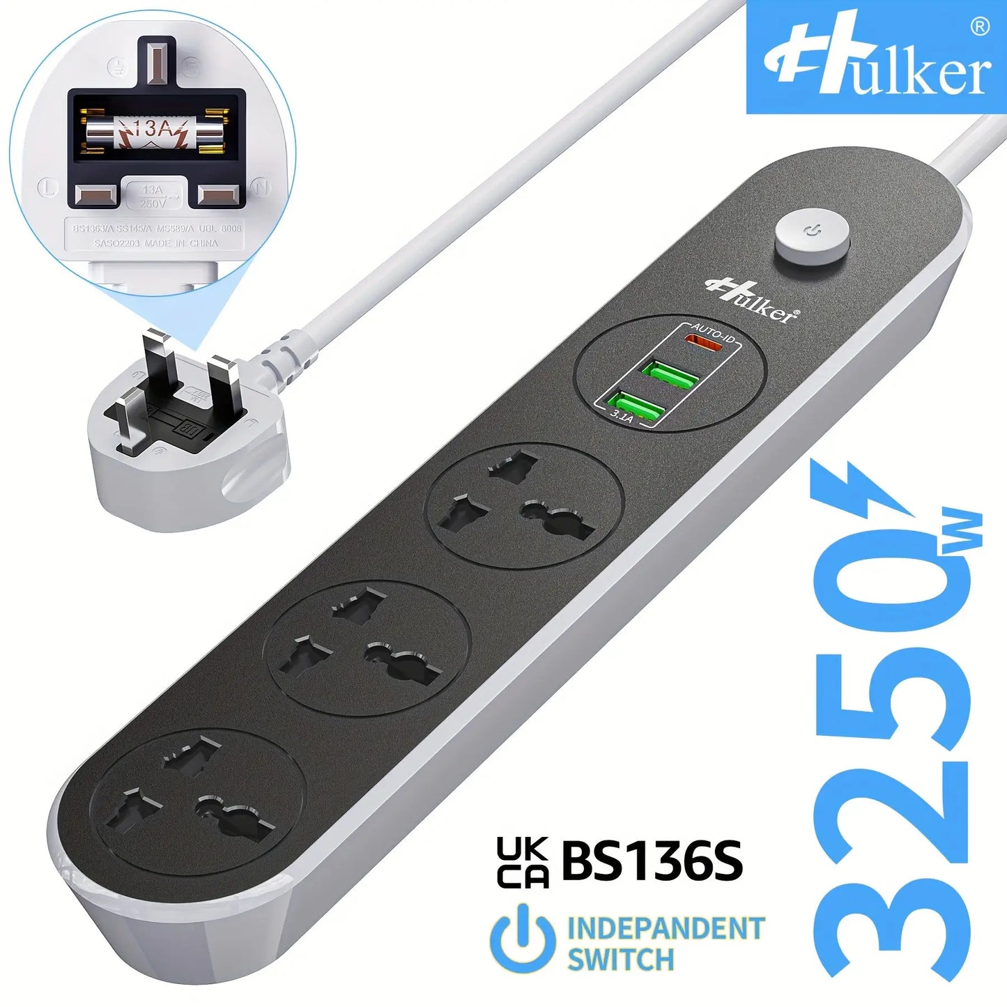 Extension Lead with USB slots 3 Way 3 USB Ports
