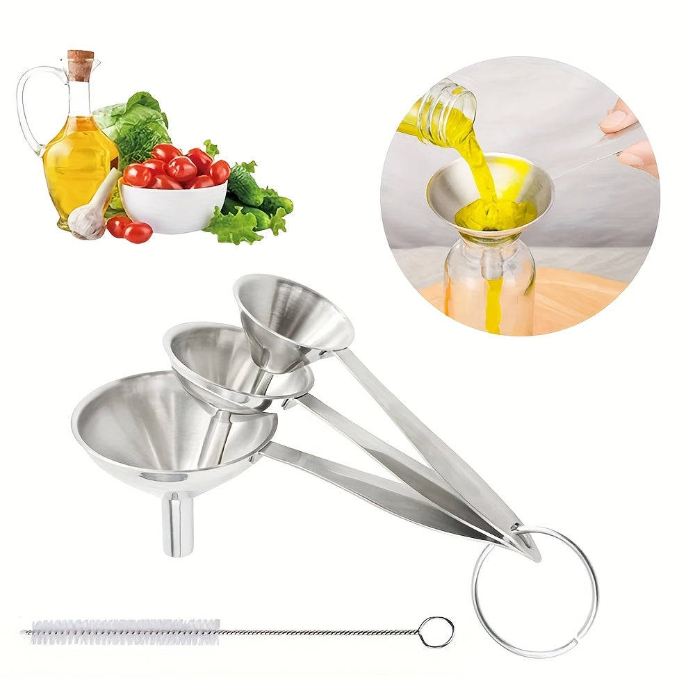 4pcs Stainless Steel Kitchen Funnel Set with Cleaning Brush