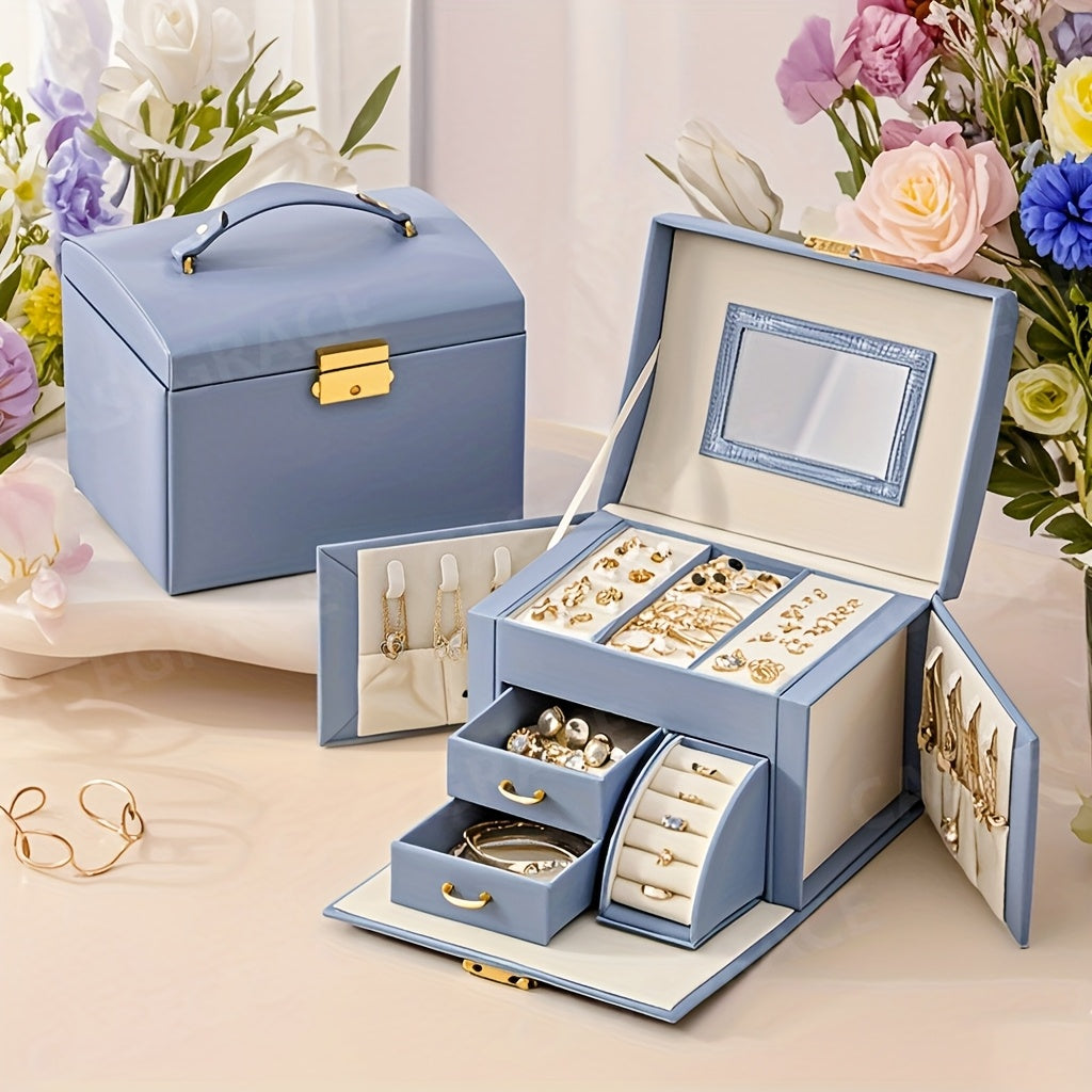 1pc Portable Jewelry Organizer Box with Built-in Mirror