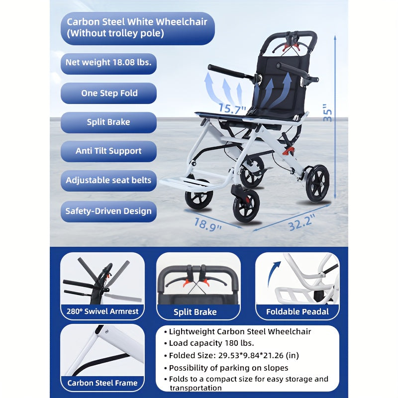 Ultra-Light Folding Wheelchair - Portable Travel Walker with Hand Brakes