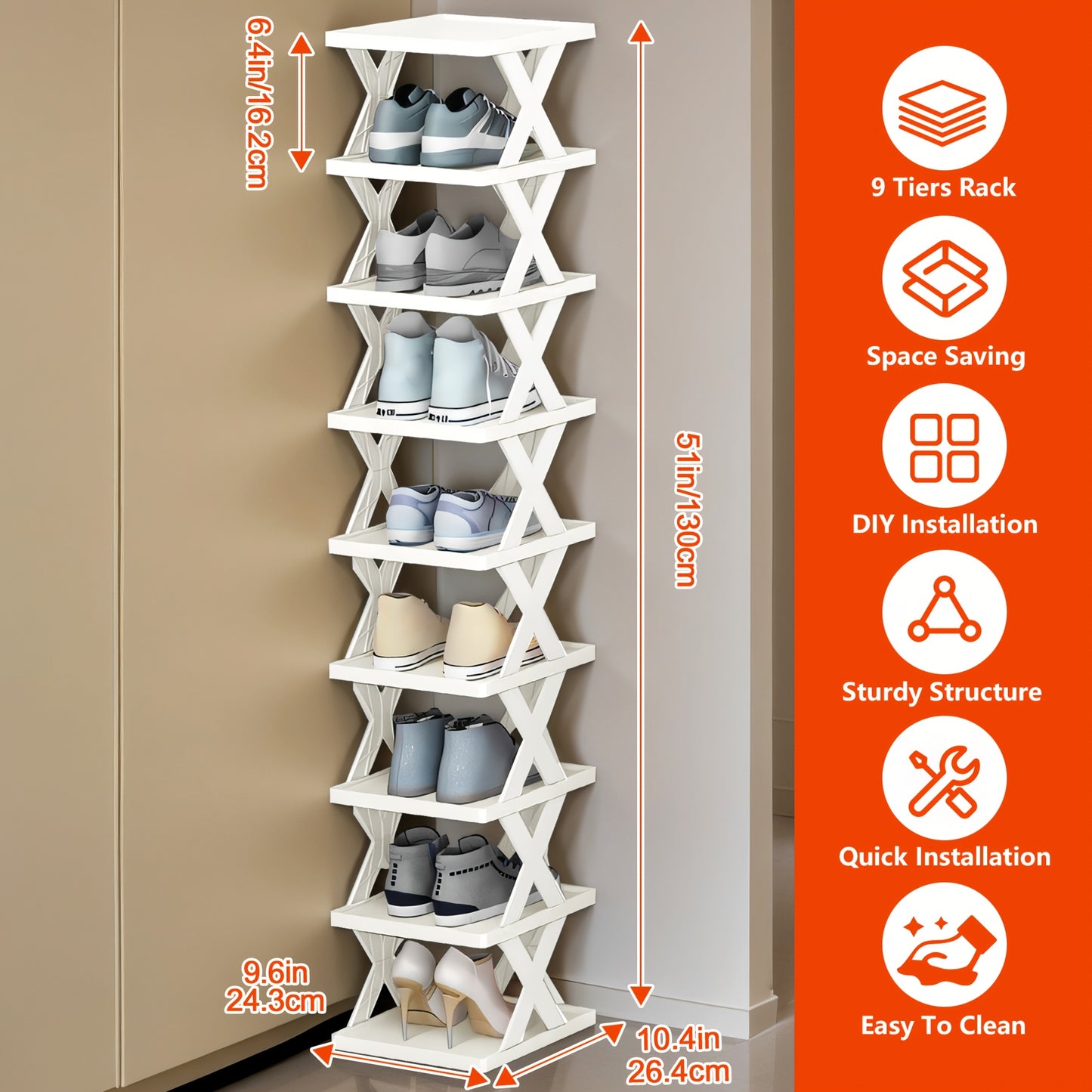 9 Tier Shoe Rack, Space-saving Vertical Shoe Rack