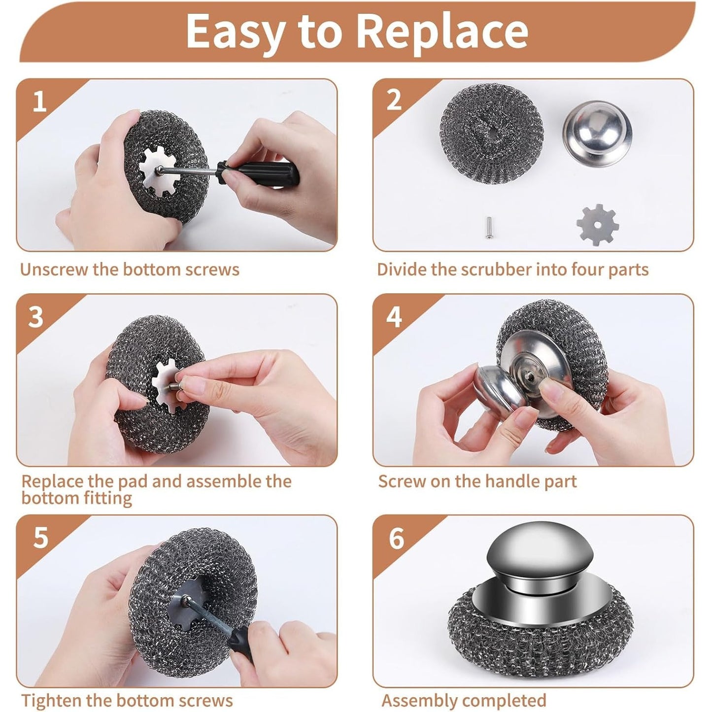 Stainless Steel Scrubber 6pcs with Replacement Wire Pads Set
