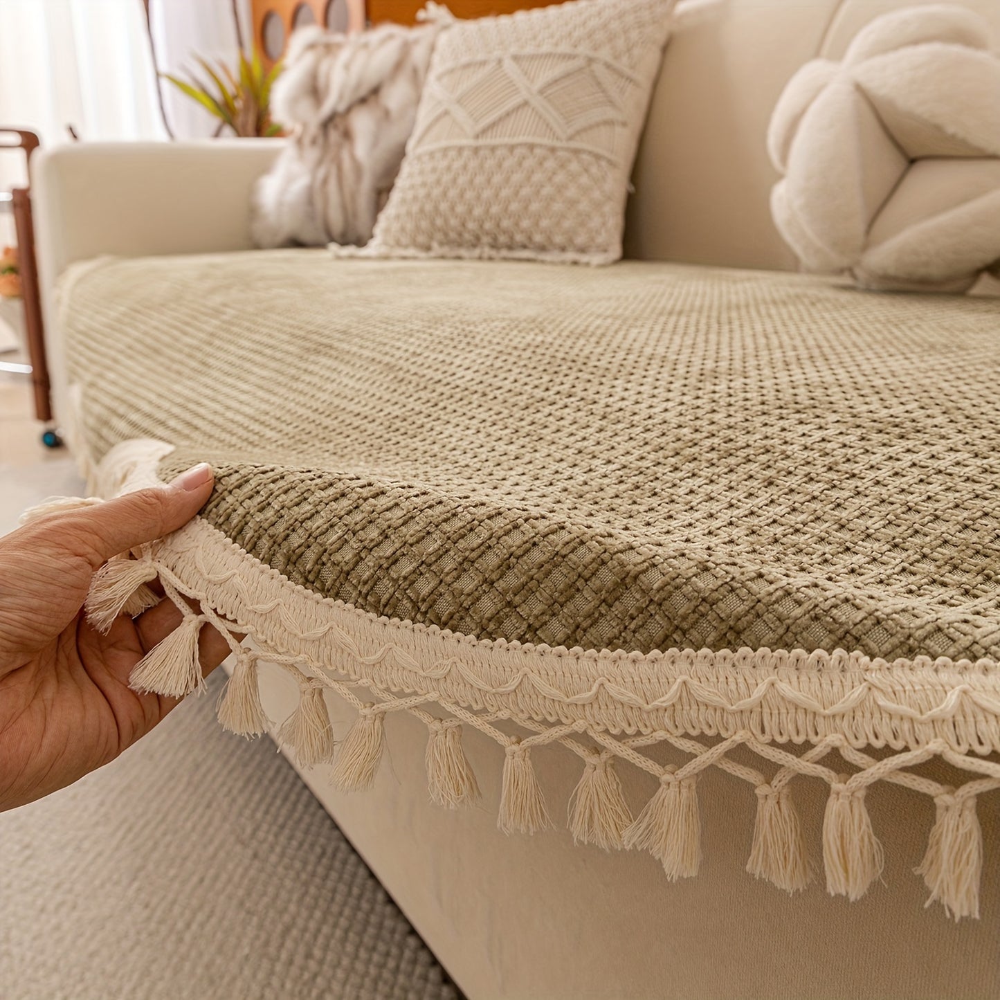 Classic Style Chenille Sofa Cover with Tassels