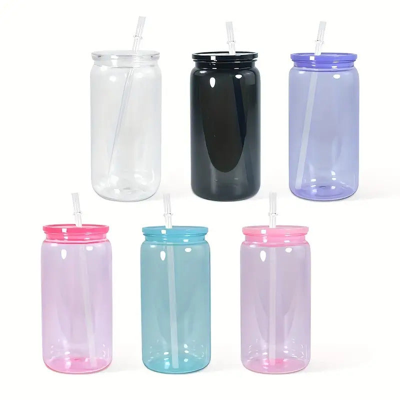 6pcs 16oz Clear Jelly Colored Plastic Can Cups with Lids and Straws