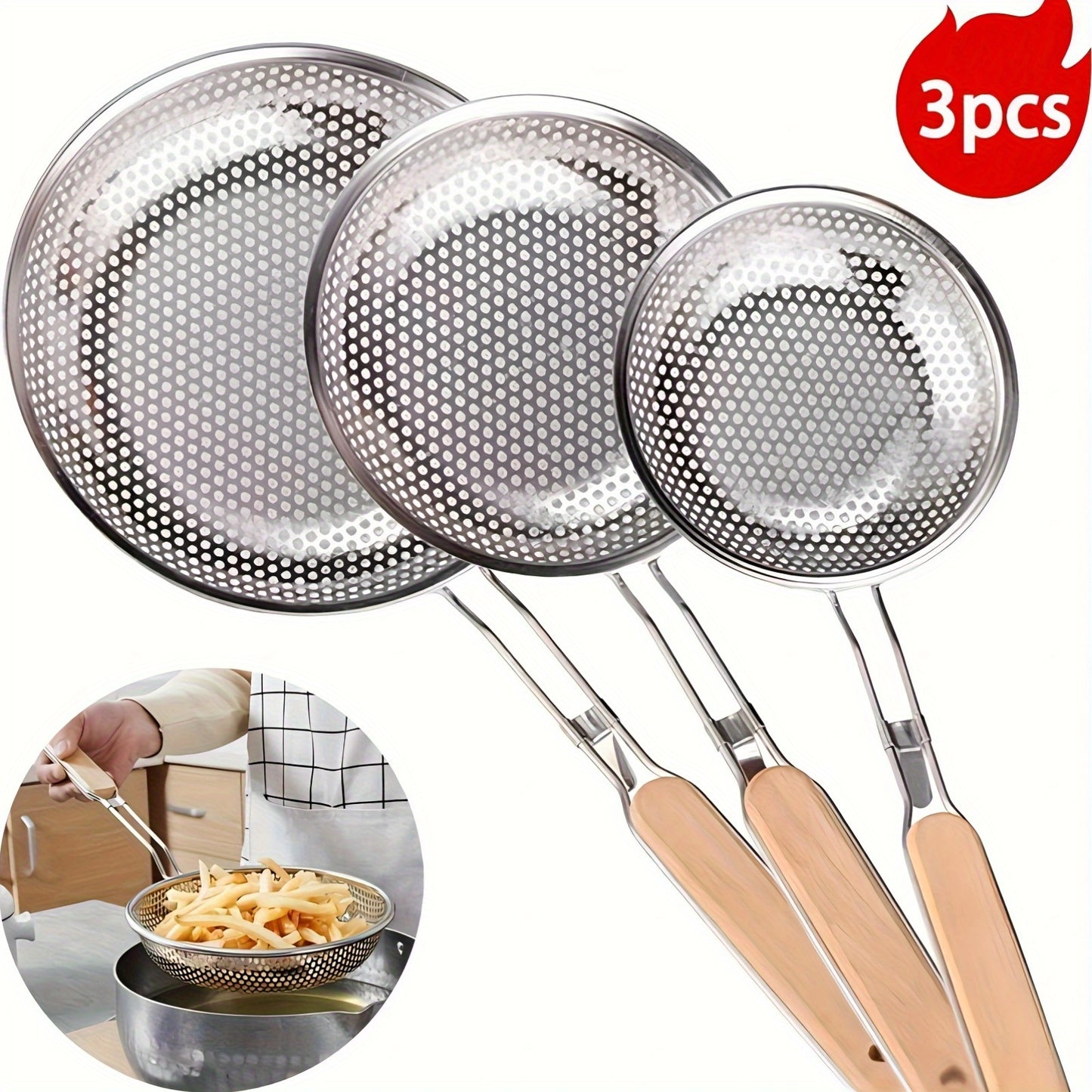 3pcs Stainless Steel Wooden Handle Strainer Set