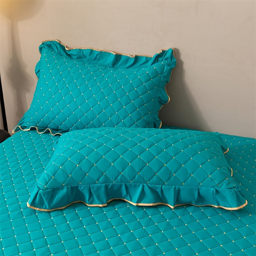3pcs Bed Skirt Set Solid Color Quilted Thickened Lace Decoration