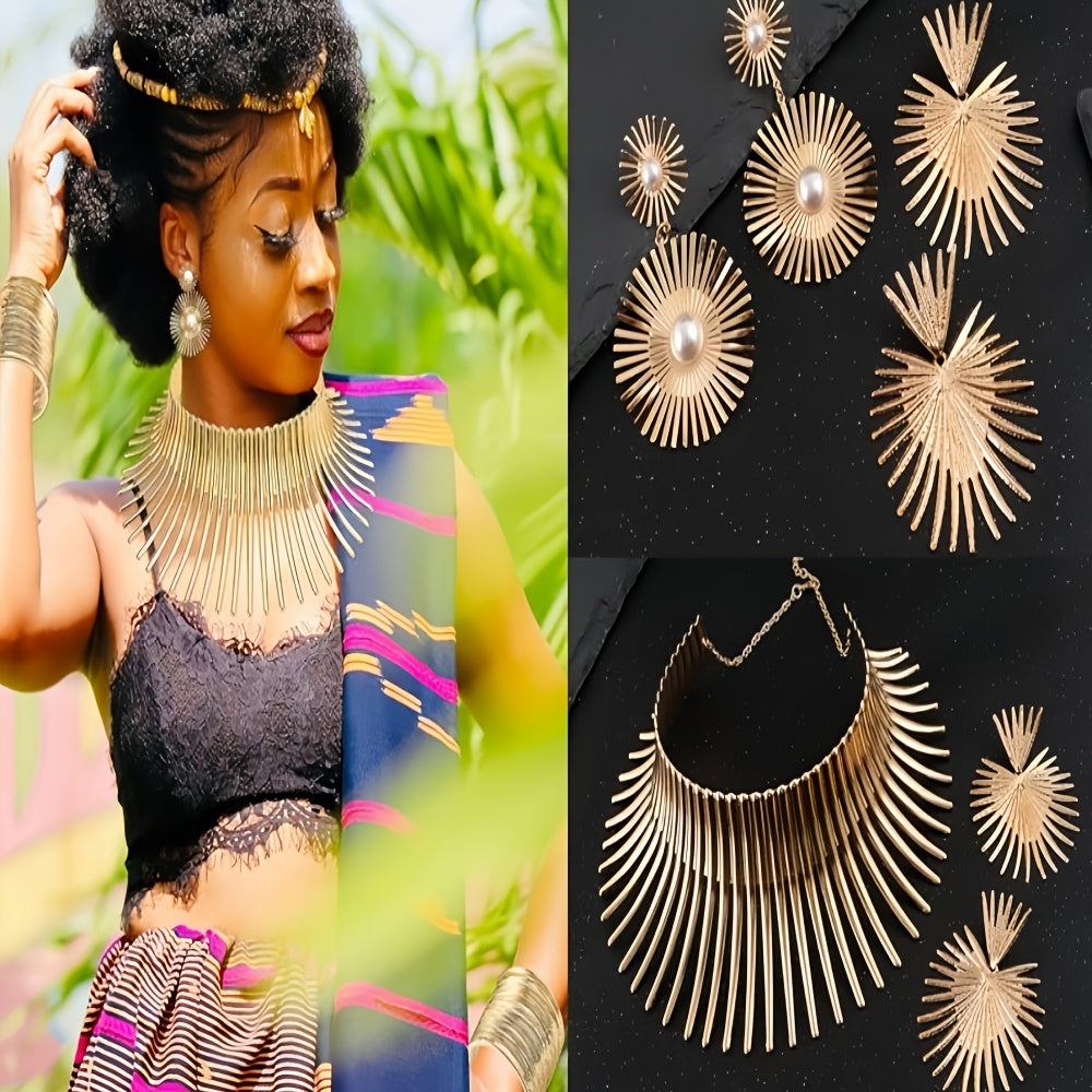 African Collar Choker Necklace Earrings Bangle Set