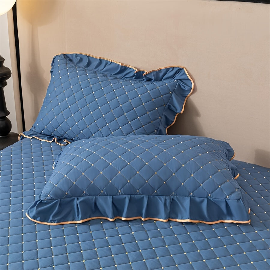 3pcs Bed Skirt Set Solid Color Quilted Thickened Lace Decoration